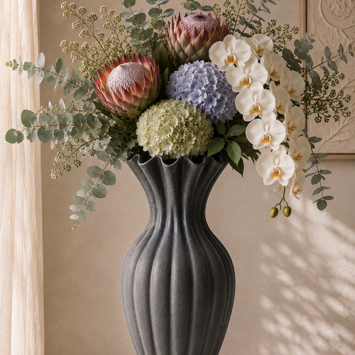 Basma Black Vase in rich black grained finish, side view showing fluted bottle silhouette