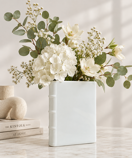 Book Flower Vase in white ceramic with sculptural book-shaped design