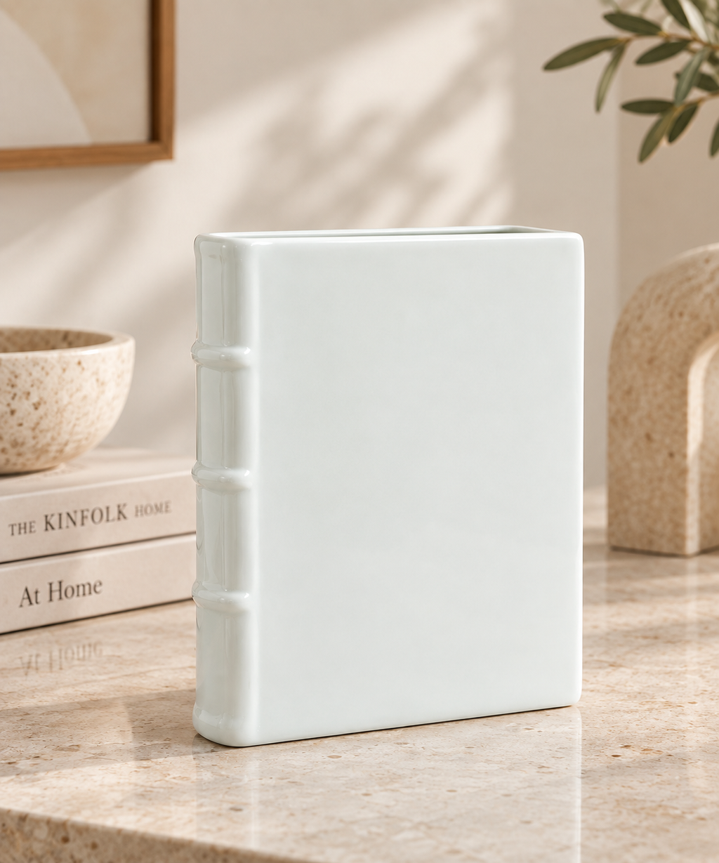 Book Flower Vase in white ceramic, side view showing sculptural profile