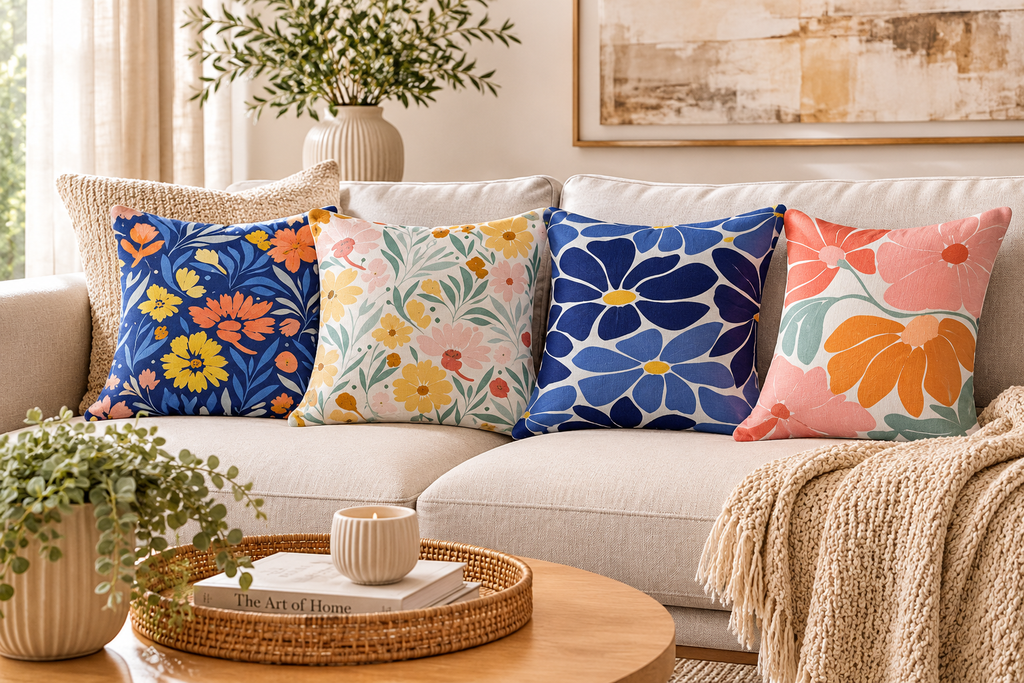 Designer Cushions in assorted colours and patterns, second view of 50 x 50 cm square cushions