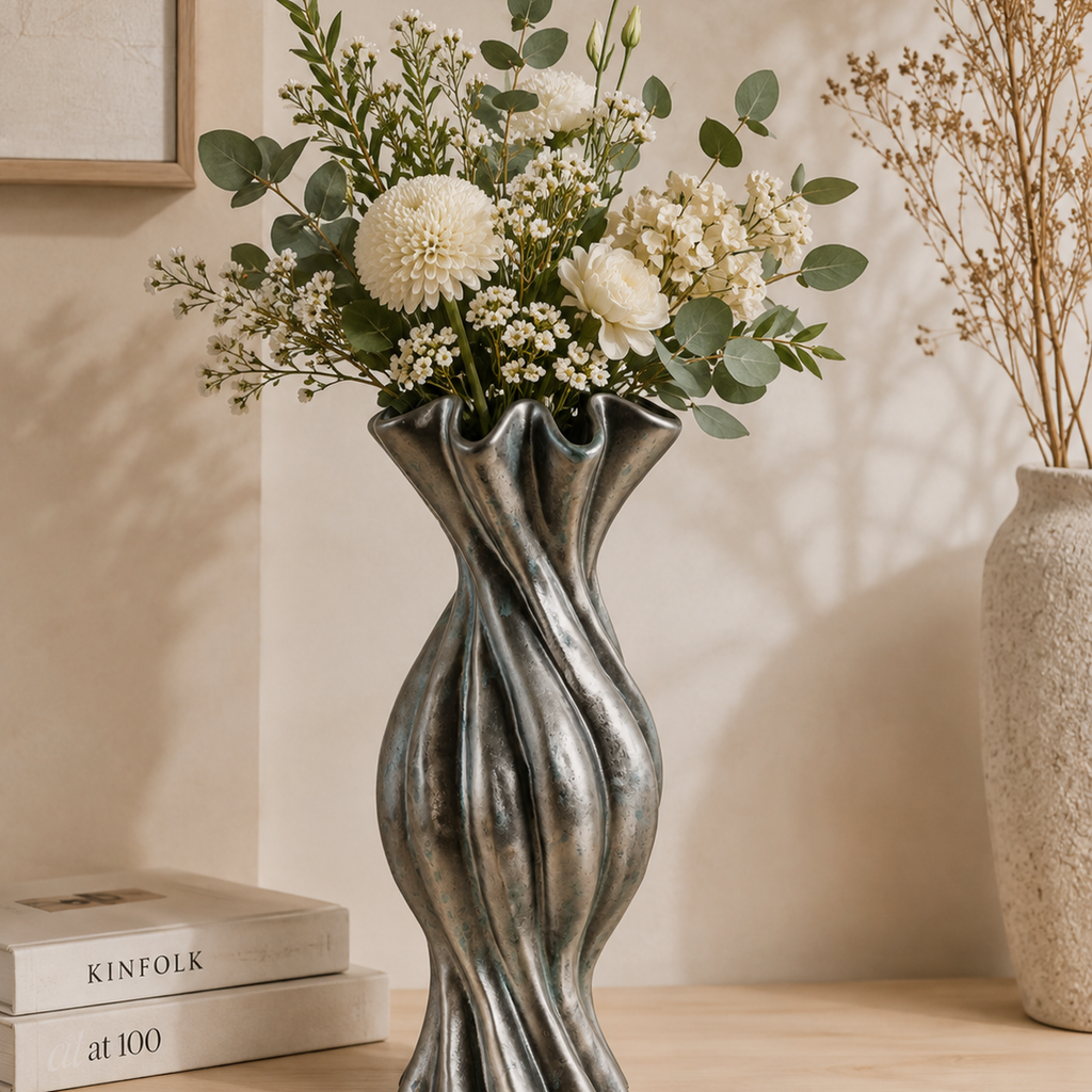 Gustel Twist Pine Vase in pine glazed ceramic, side view showing twisted form
