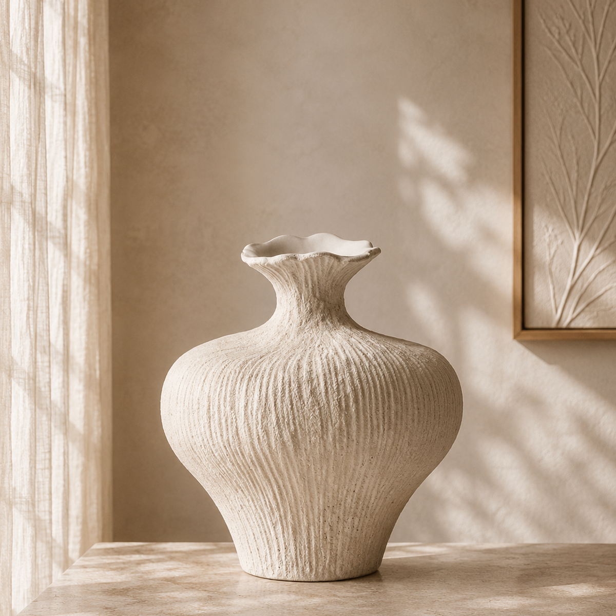Lexi Vase in white with textured grained finish, organic rounded silhouette and flared opening
