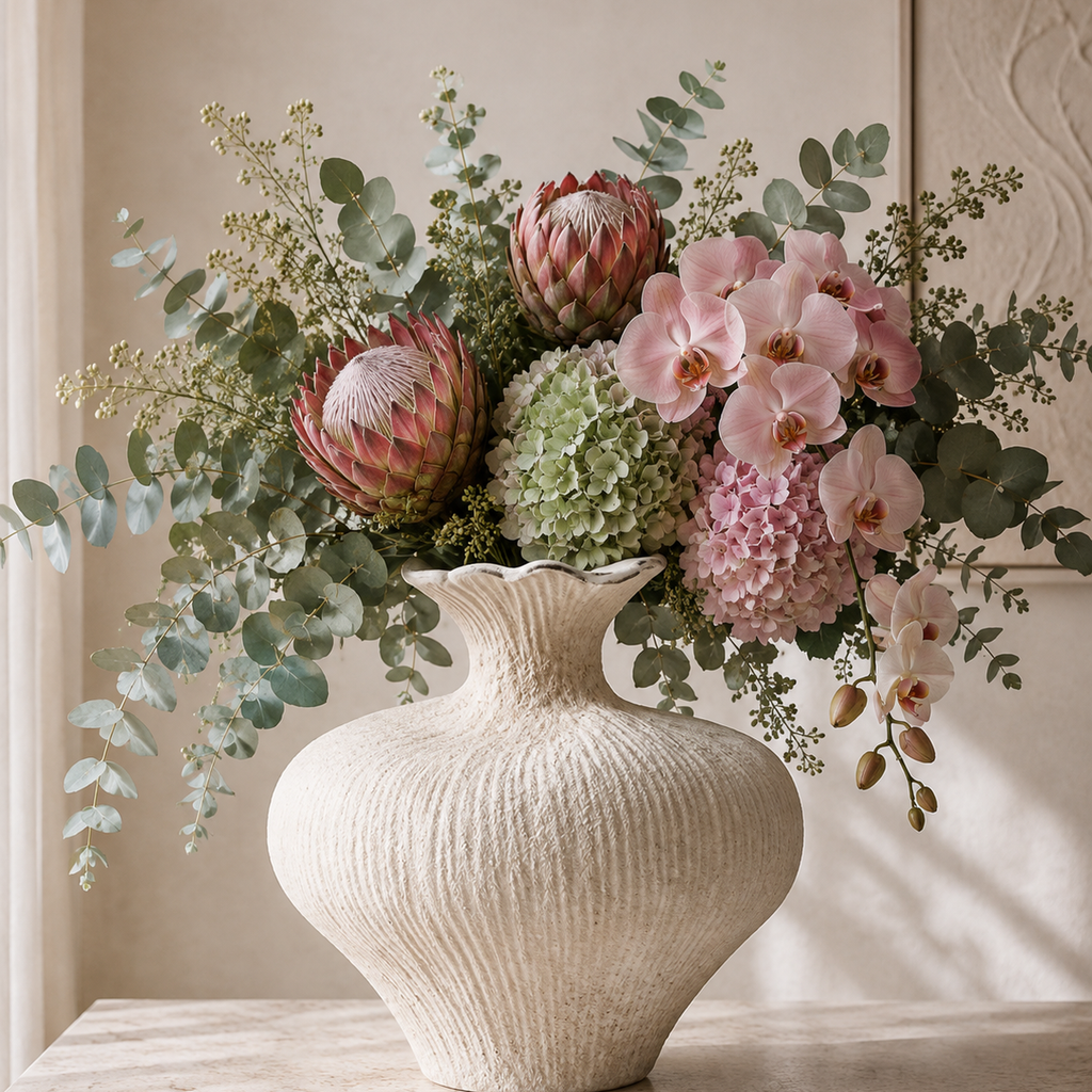 Lexi Vase in white textured grained finish, side view showing rounded silhouette