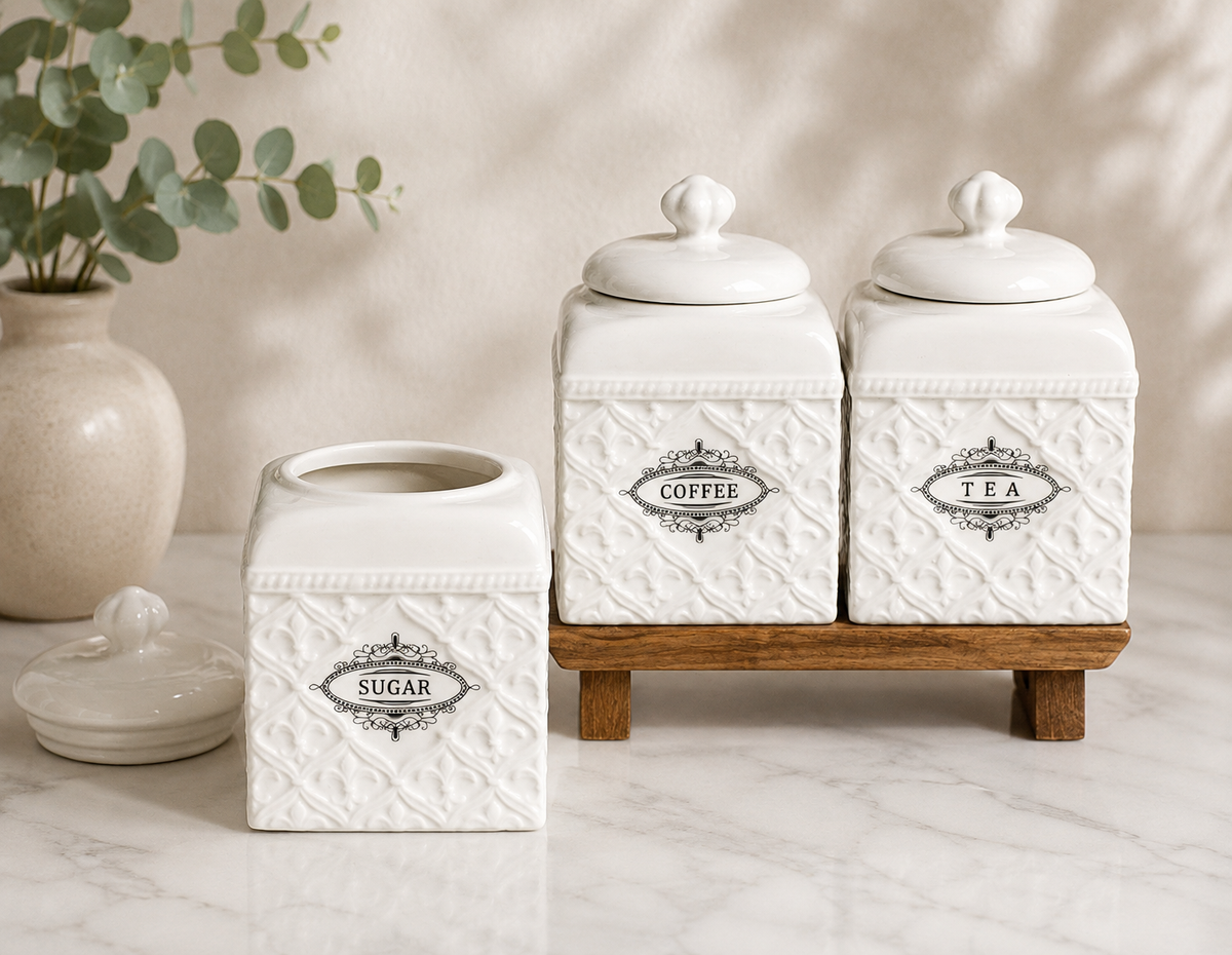 Florentina Canister Set in white ceramic with vintage-style detailing, tea, coffee and sugar canisters