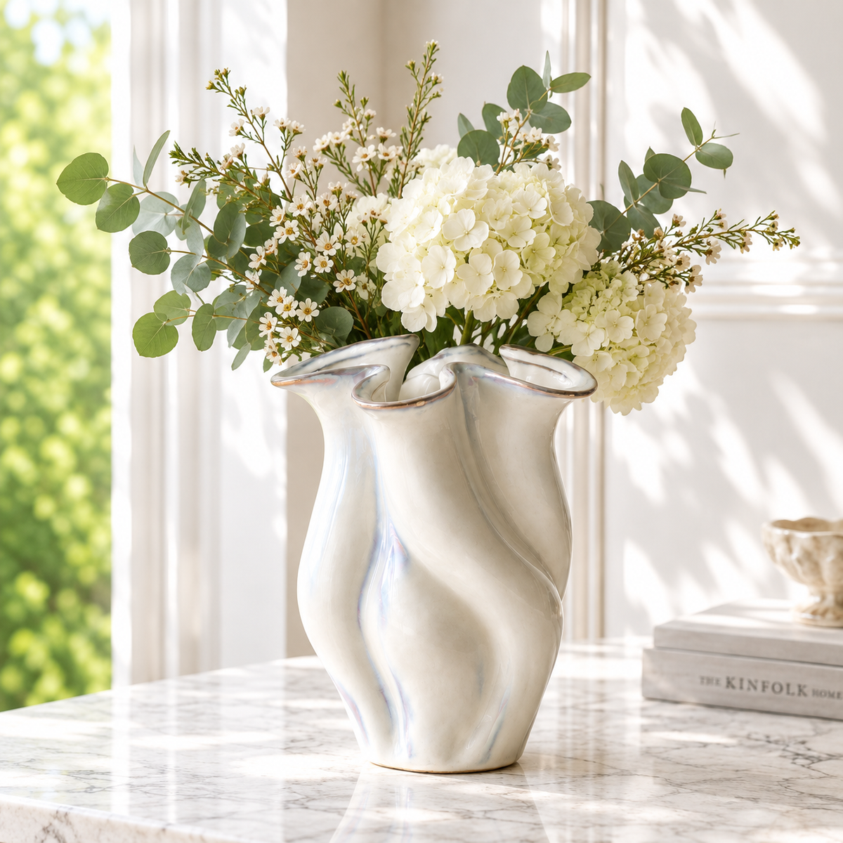 Neva Vase Cloud in white glazed ceramic with blue grey neck detailing, close view of glazed finish