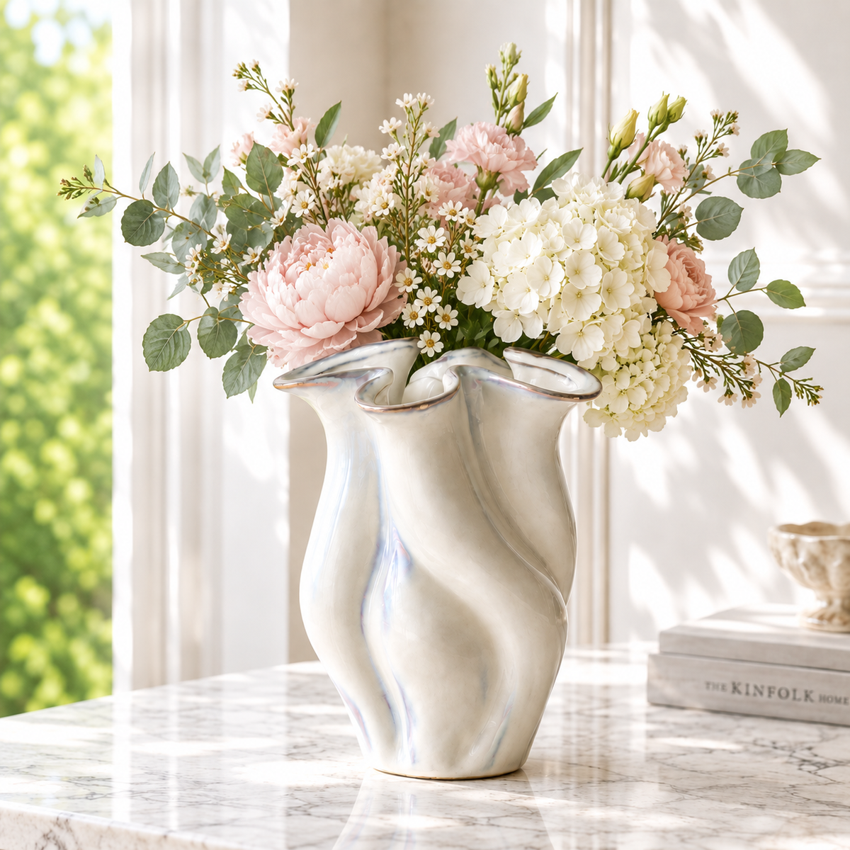 Neva Vase Cloud in white glazed ceramic with blue grey neck detailing, sculptural urn shape