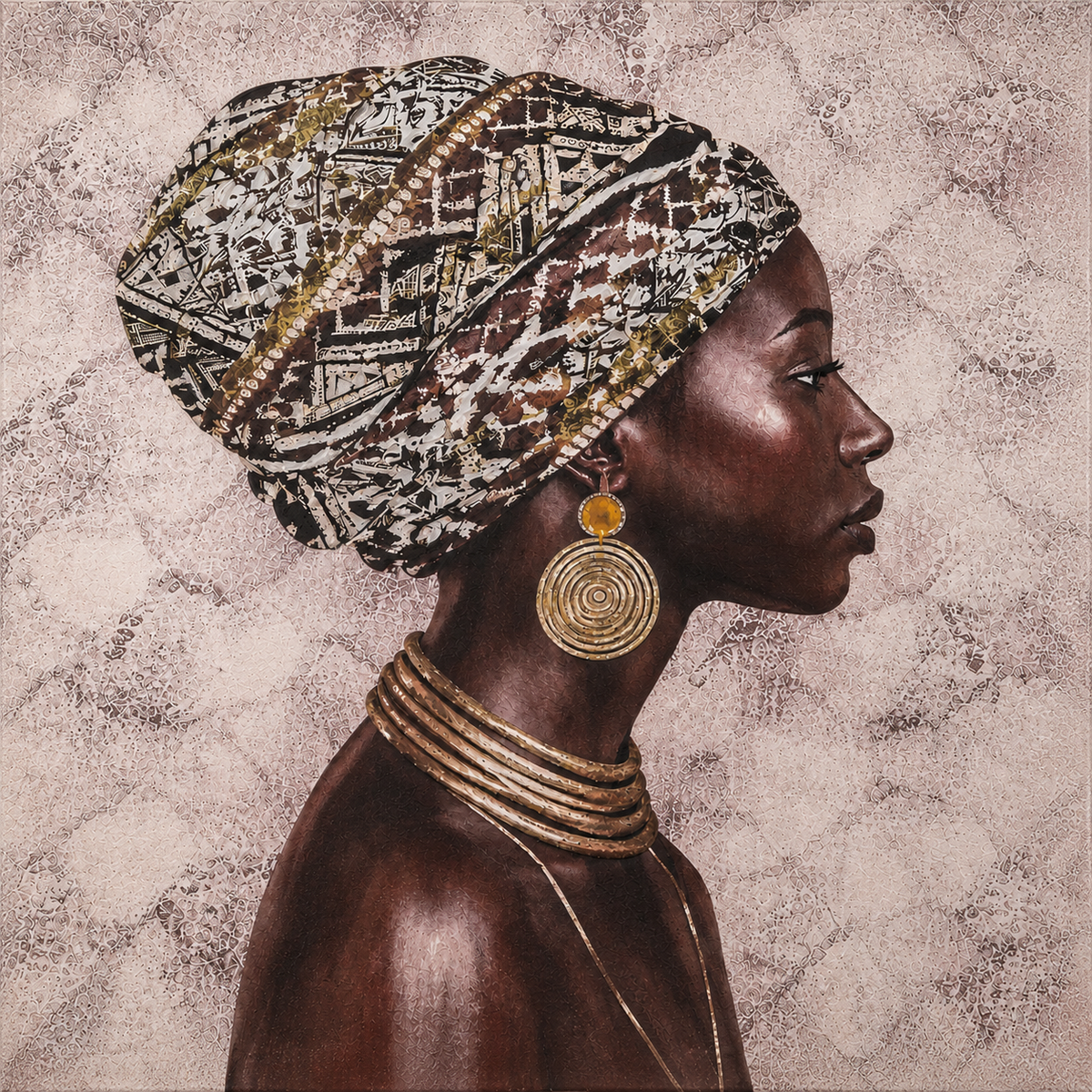 Regal Grace hand-painted acrylic portrait painting in warm brown tones, 50 x 50 cm square canvas